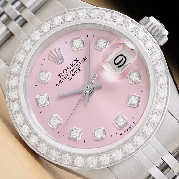 LADIES ROLEX DATE PINK DIAMOND DIAL 18K WATCH - Picture 1 of 7
